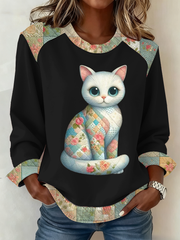 Women's Cute cat print Patchwork Top