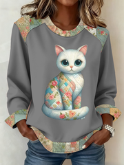 Women's Cute cat print Patchwork Top