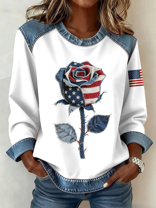 Women's American Flag Inspired Rose Pattern Denim Patchwork Sweatshirt