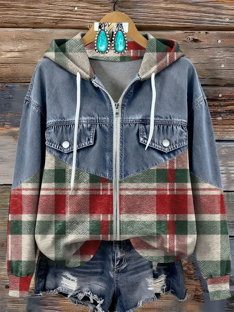 Women's Plaid Patchwork Zip-up Hoodie