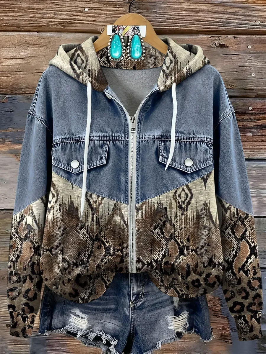 Women's Vintage Art Print Patchwork Zip-Up Hoodie