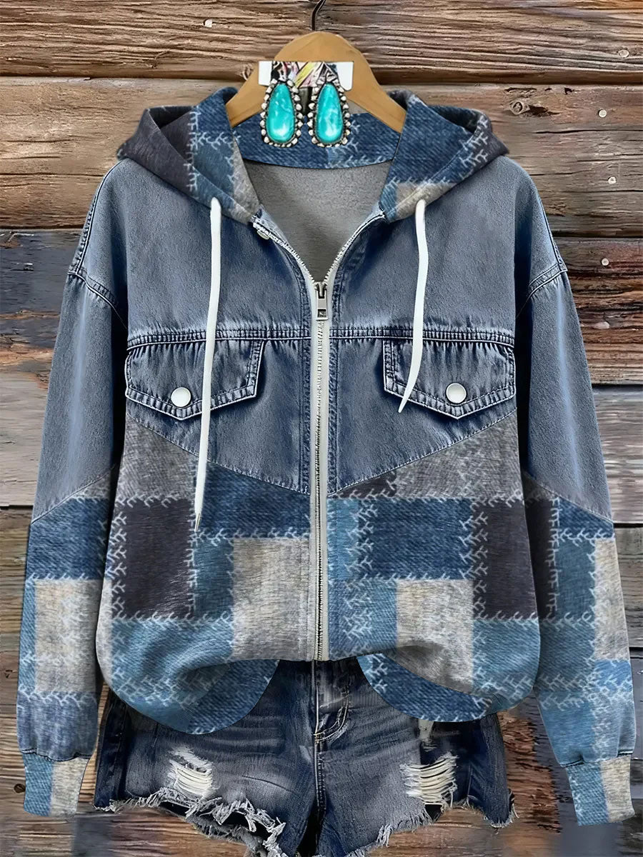 Women's Vintage Art Print Patchwork Zip-Up Hoodie