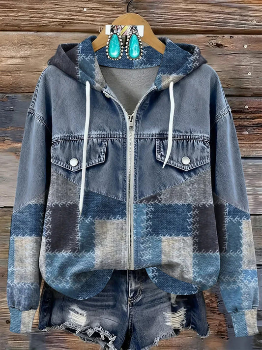 Women's Vintage Art Print Patchwork Zip-Up Hoodie