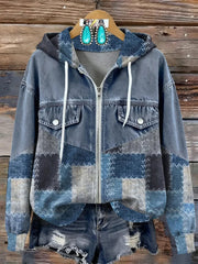 Women's Vintage Art Print Patchwork Zip-Up Hoodie