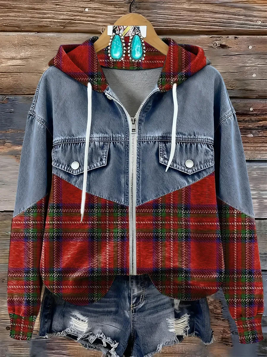 Women's Plaid Patchwork  Zip-up Hoodie