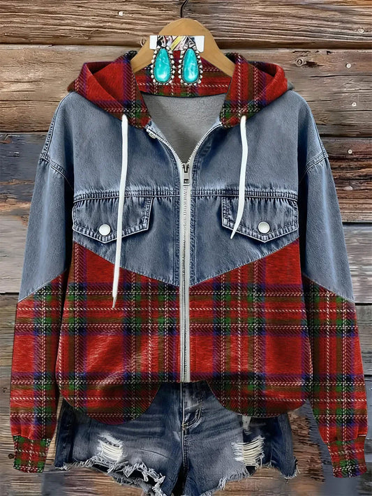 Women's Plaid Patchwork  Zip-up Hoodie