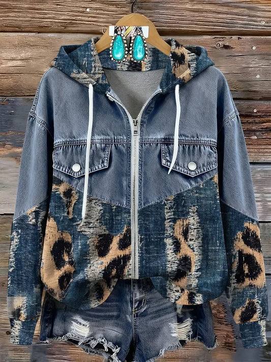 Women's Vintage Art Print Patchwork Zip-Up Hoodie
