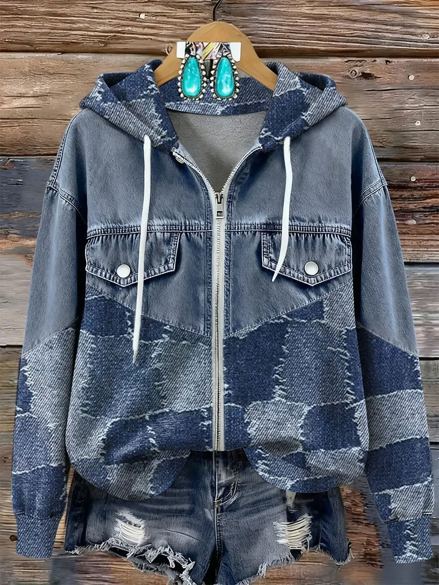 Women's Vintage Art Print Patchwork Zip-Up Hoodie