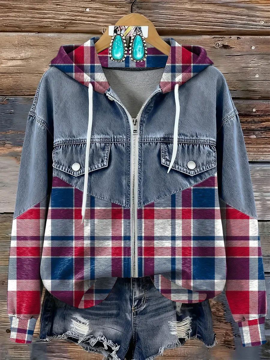 Women's Plaid Patchwork  Zip-up Hoodie