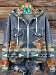 Women's Vintage Art Print Patchwork Zip-Up Hoodie