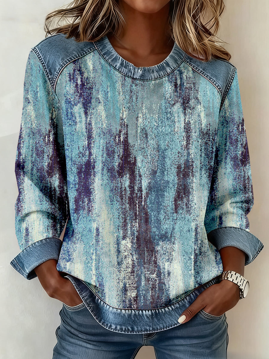 Women's Vintage Abstract Art Print Denim Patchwork Sweatshirt