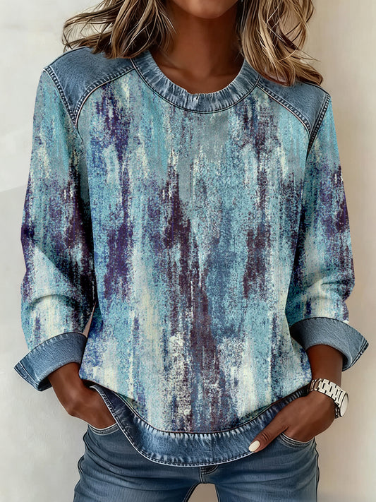Women's Vintage Abstract Art Print Denim Patchwork Sweatshirt