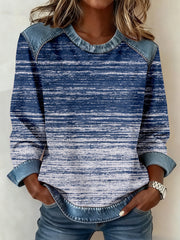 Women's Gradient Color Striped Print Denim Patchwork Sweatshirt