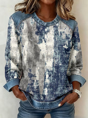 Women's Vintage Distressed Pattern Denim Patchwork Sweatshirt