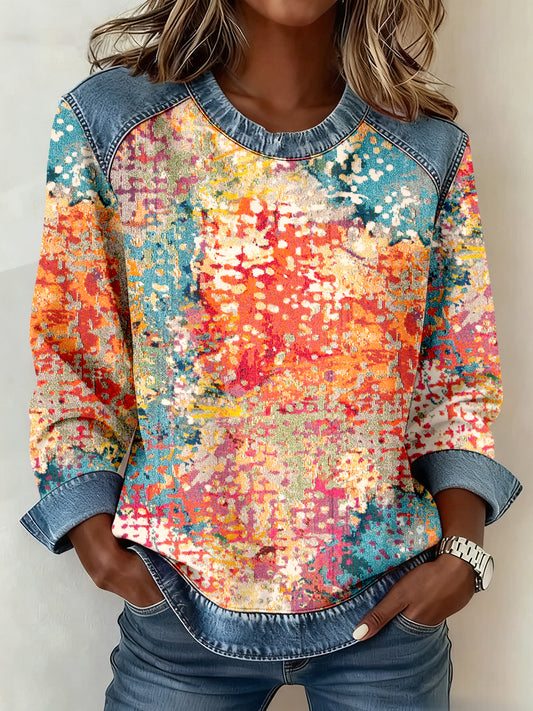 Women's Abstract Art Print Denim Patchwork Sweatshirt