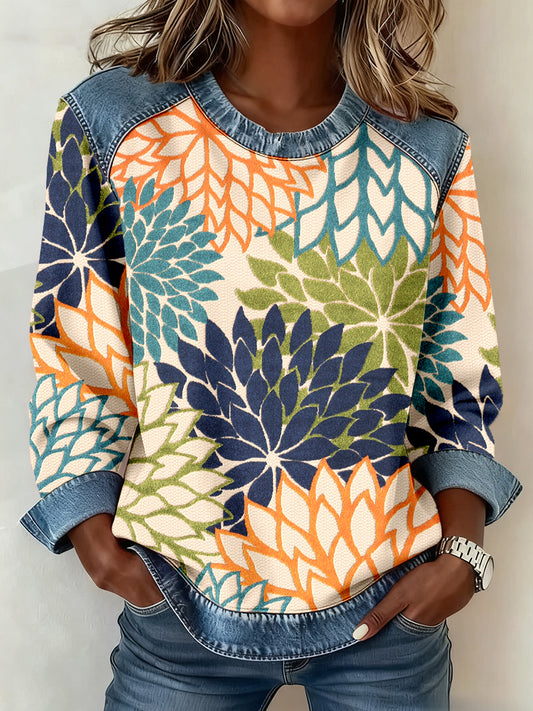 Women's Abstract Art Flower Pattern Denim Patchwork Sweatshirt