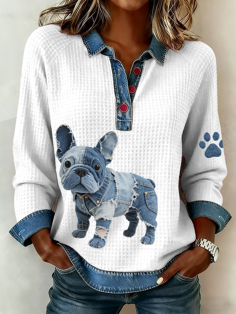 Women's Denim Patchwork Art French Bulldog Pattern Waffle Top