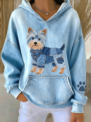 Women's Denim Patchwork Art Yorkshire Terrier Dog Pattern Hoodie