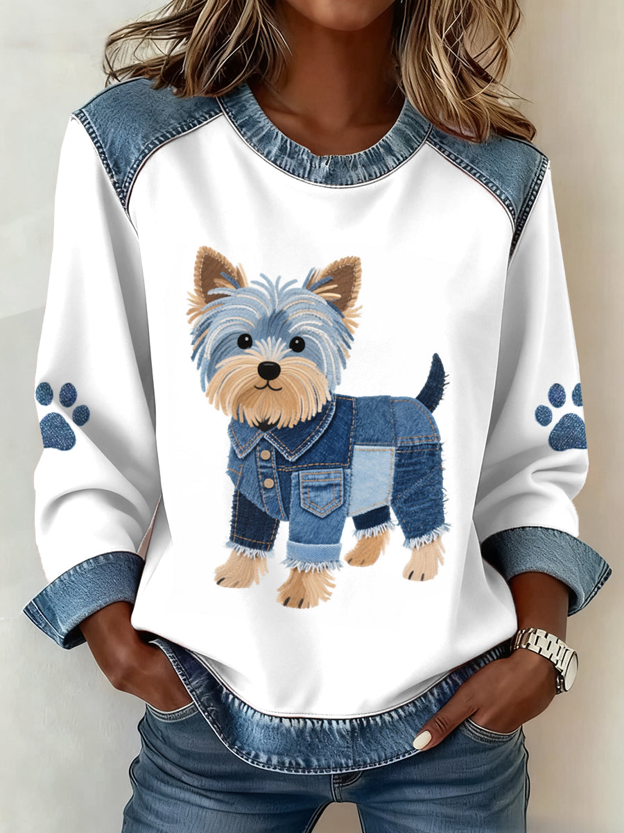 Women's Lovely Yorkshire Terrier Dog Pattern Denim Patchwork Sweatshirt