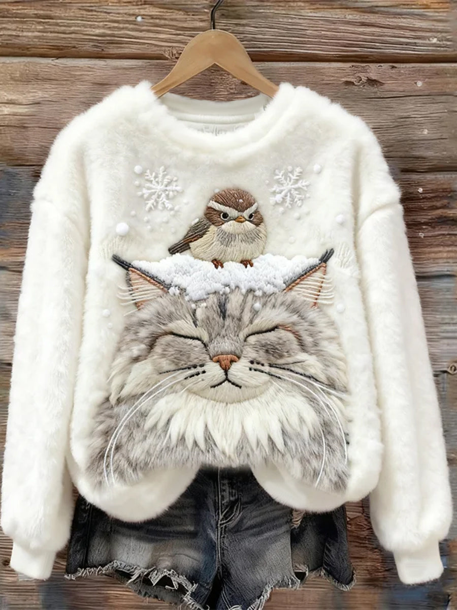 Women's Bird & Cat In The Snow Cozy Flannel Hoodie
