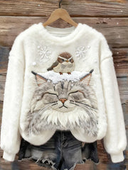 Women's Bird & Cat In The Snow Cozy Flannel Hoodie