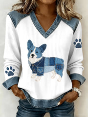 Women's Lovely Corgi Dog Pattern Denim Patchwork V-Neck Top