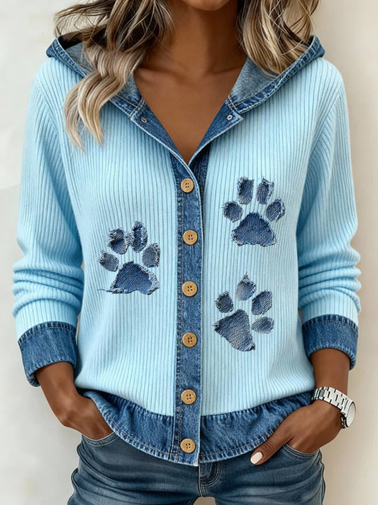 Women's Paw Print Denim Patchwork Cardigan