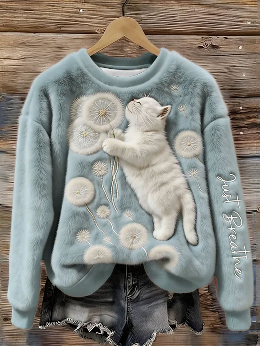 Women's Just Breathe Fuzzy Cat & Dandelion Cozy Flannel Hoodie