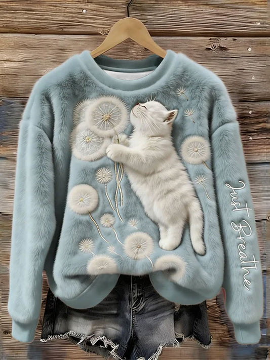 Women's Just Breathe Fuzzy Cat & Dandelion Cozy Flannel Hoodie