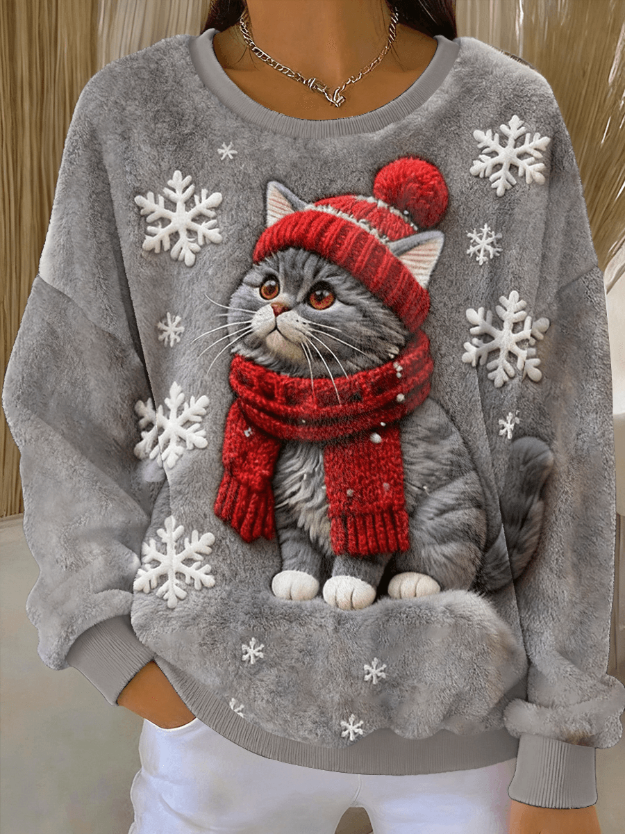 Women's Cute Christmas Cat Art Print Casual Flannel Hoodie