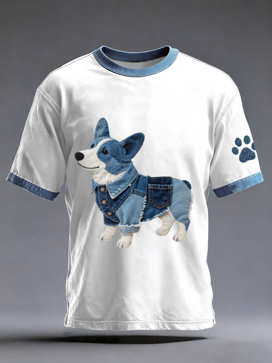 Men's Denim Patchwork Art Corgi Dog Pattern Washed T-Shirt