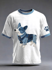 Men's Denim Patchwork Art Corgi Dog Pattern Washed T-Shirt