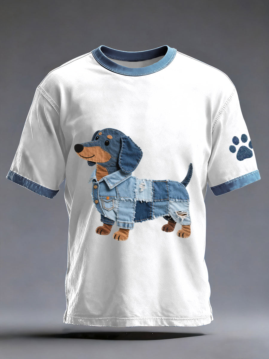 Men's Denim Patchwork Art Dachshund Dog Pattern Washed T-Shirt