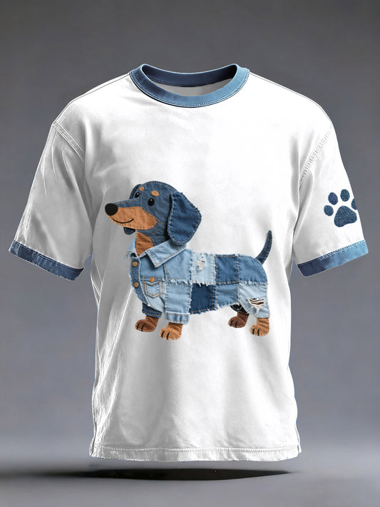 Men's Denim Patchwork Art Dachshund Dog Pattern Washed T-Shirt