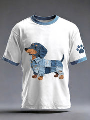 Men's Denim Patchwork Art Dachshund Dog Pattern Washed T-Shirt