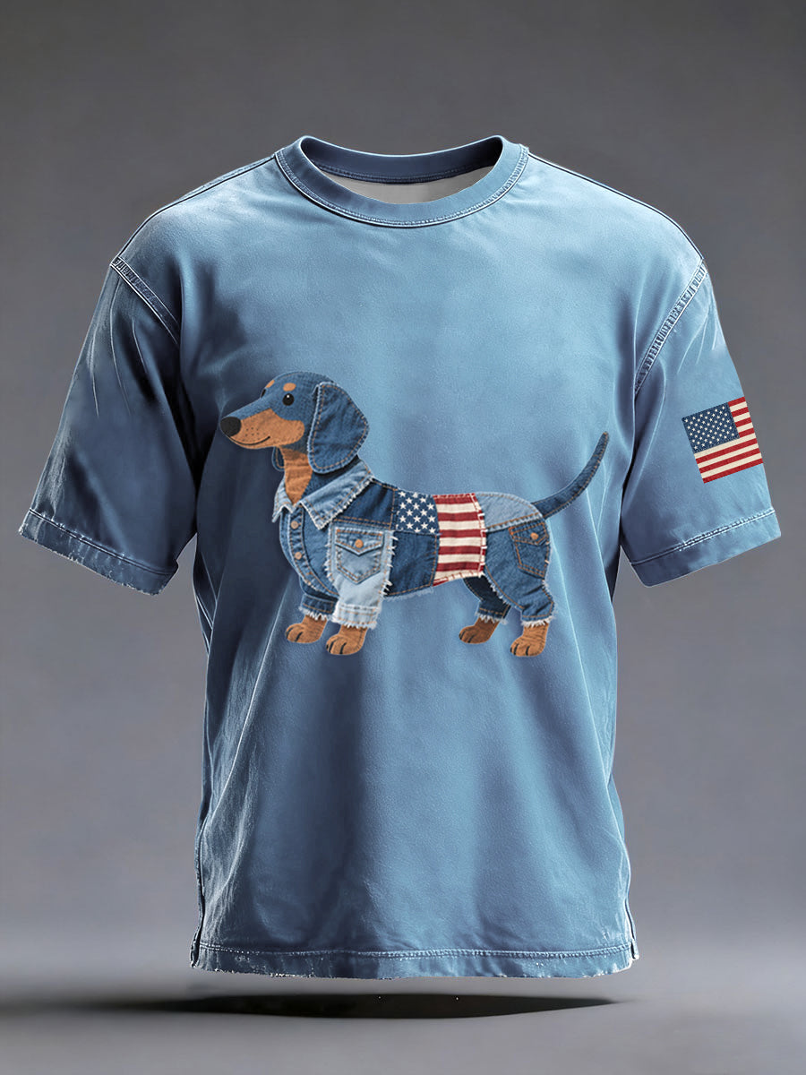Men's Denim Patchwork Art Dachshund Dog Pattern Washed T-Shirt