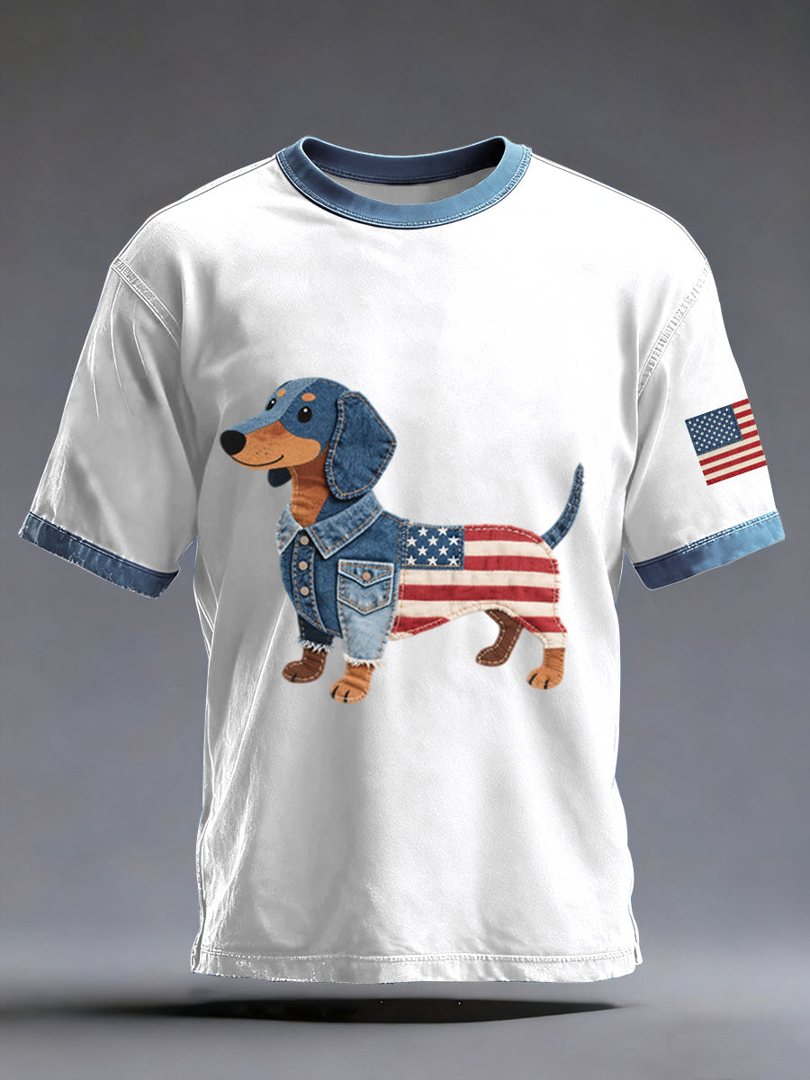 Men's Denim Patchwork Art Dachshund Dog Pattern Washed T-Shirt