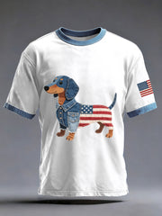 Men's Denim Patchwork Art Dachshund Dog Pattern Washed T-Shirt