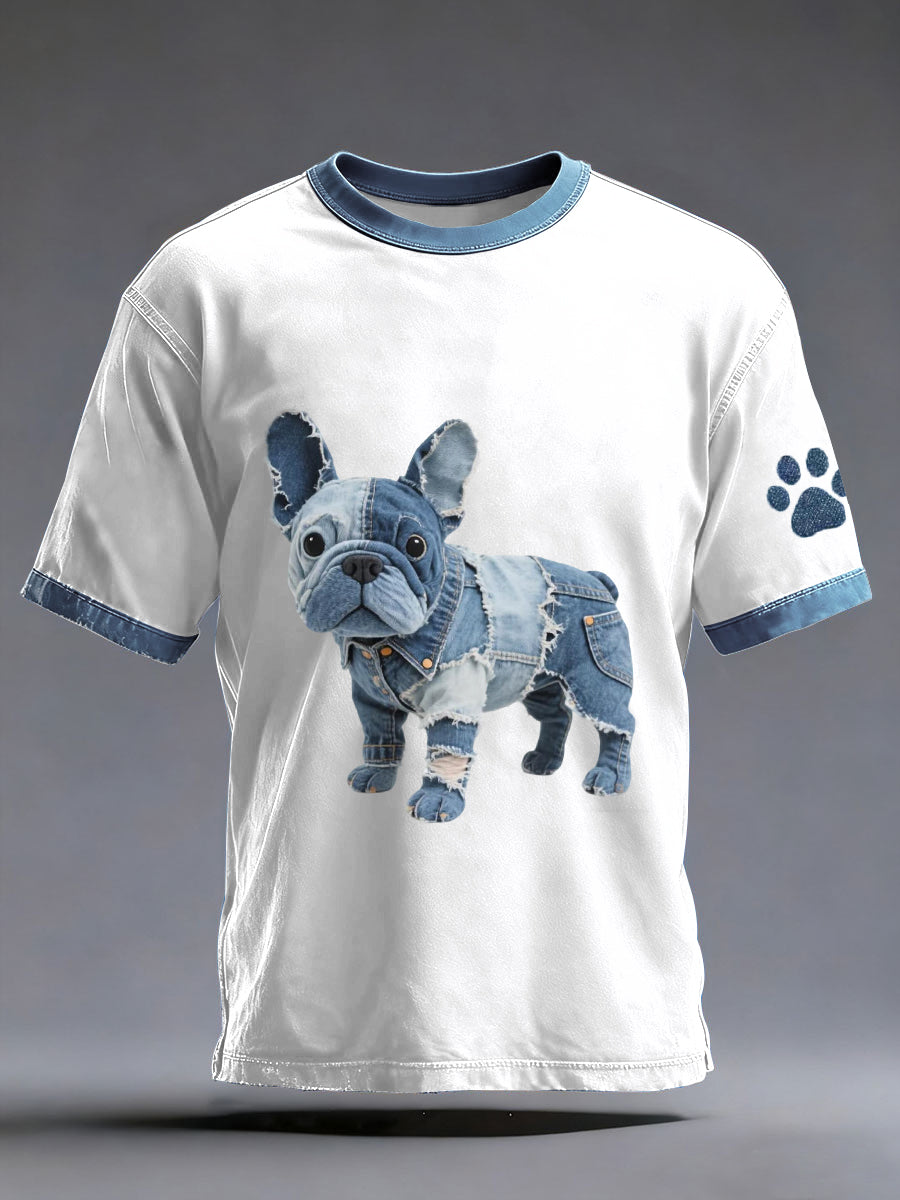 Men's Denim Patchwork Art French Bulldog Pattern Washed T-Shirt