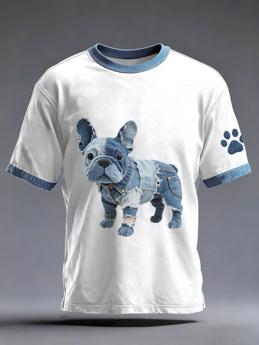 Men's Denim Patchwork Art French Bulldog Pattern Washed T-Shirt