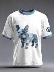 Men's Denim Patchwork Art French Bulldog Pattern Washed T-Shirt
