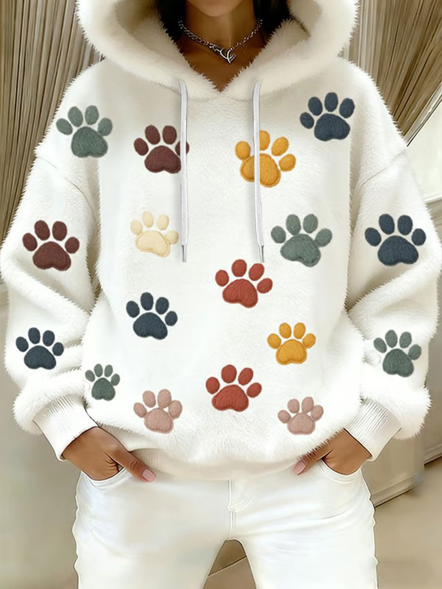 Women's Cat Paw Printed Flannel Hoodie