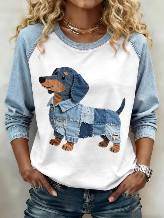 Women's Lovely Dachshund Dog Pattern Denim Patchwork Sweatshirt