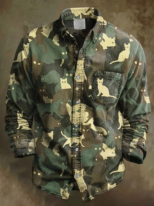 Men's Camouflage Cats Art Print Long Sleeve Pocket Shirt