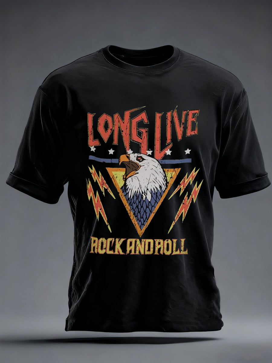 Men's Long Live Rock And Roll Eagles Print Casual Tee