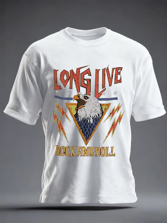 Men's Long Live Rock And Roll Eagles Print Casual Tee