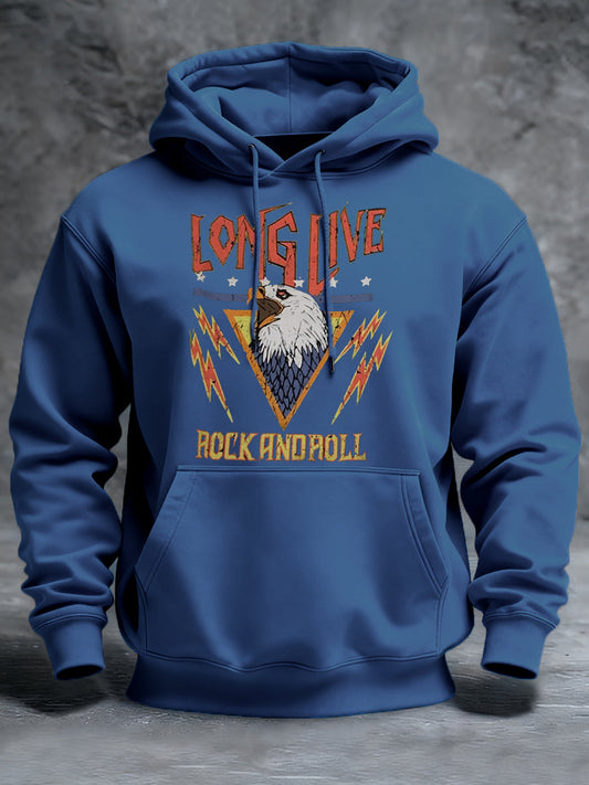 Men's Retro Long Live Rock And Roll Eagles Print Casual Hoodie
