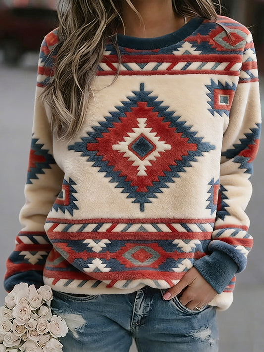 Women's Vintage Western Ethnic Aztec Pattern Casual Cozy Flannel Sweatshirt