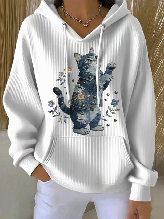 Women's Vintage Cat Patchwork Print Hoodie
