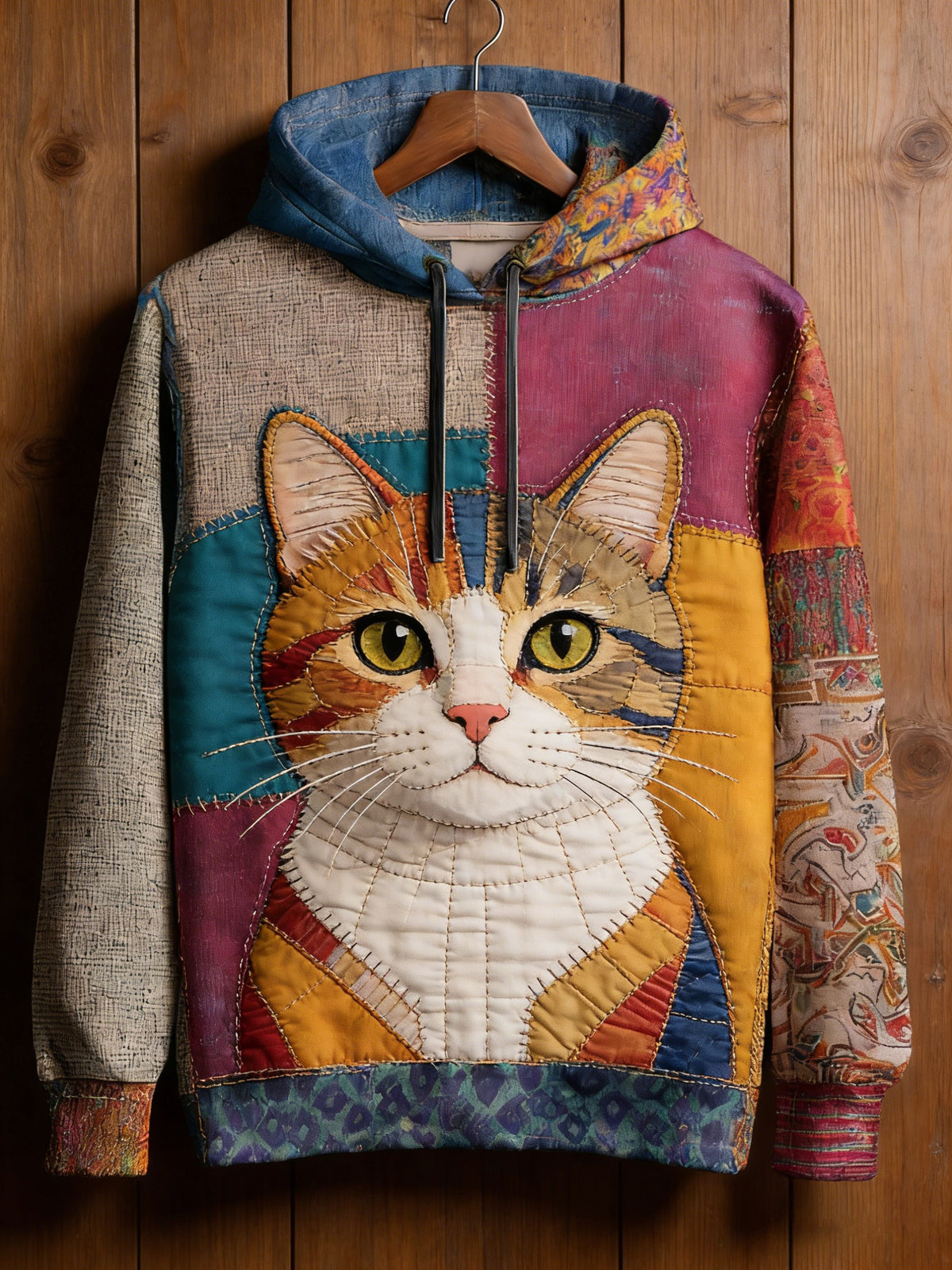 Men's Vintage Patchwork Cat Print Art Casual Hoodie